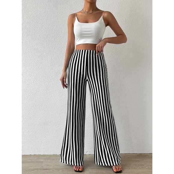 High Waisted Vertical Striped Flare Leg Pants minimalist black white - Picture 5 of 7